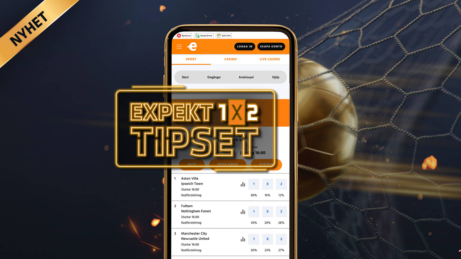 Mobilskärm visar sportapp med Sport Välkomstbonus, Champions League-odds och Populära kombinationer.